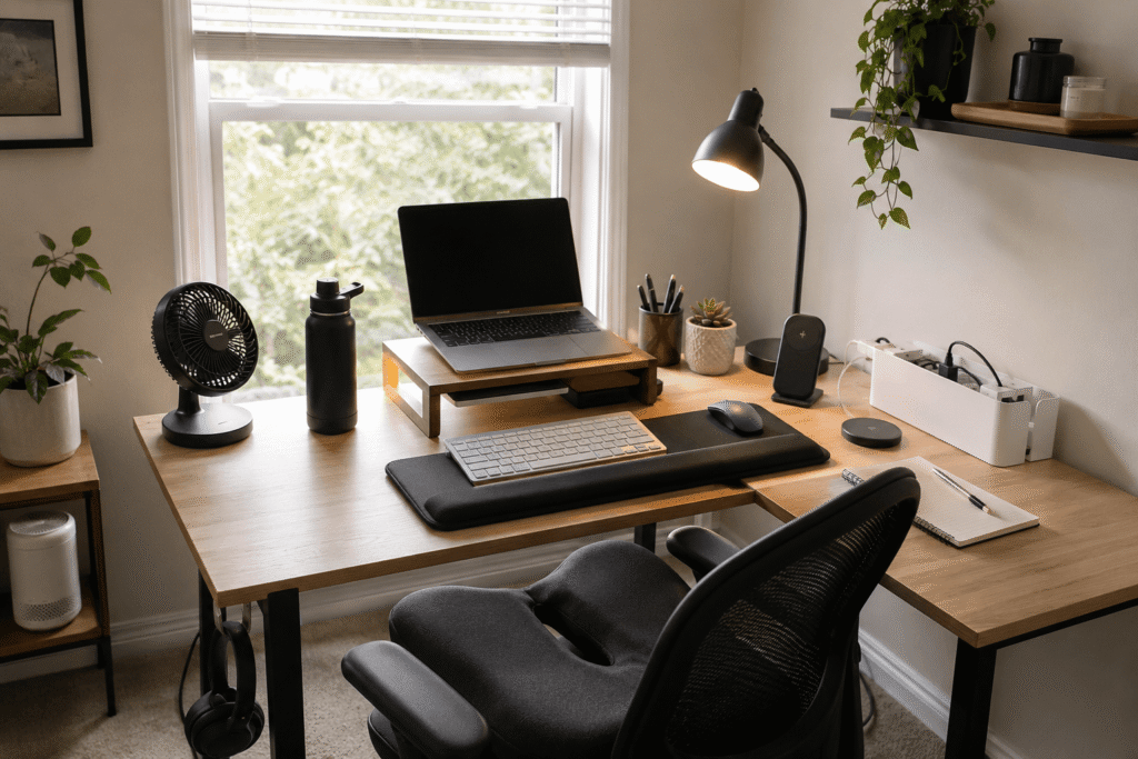 Clean home office desk setup with a laptop, desk fan, insulated water bottle, LED lamp, cable organizer, and ergonomic accessories for summer productivity.
