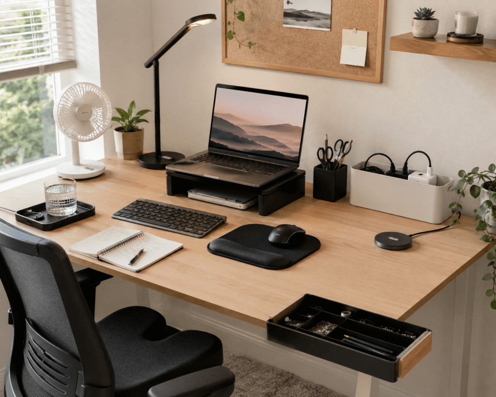 Clean and practical home office desk setup with a laptop, desk fan, ergonomic accessories, cable organizer, and natural daylight for a comfortable summer workspace.
