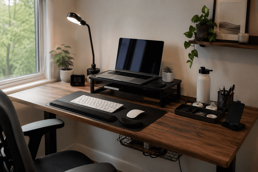 Small budget-friendly home office desk setup with a laptop, monitor riser, desk lamp, cable management accessories, organizer, and everyday workspace essentials in natural daylight.