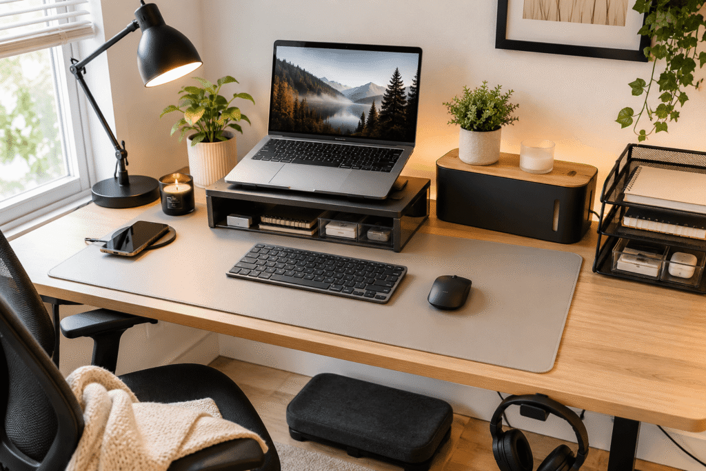 Clean budget desk setup with laptop stand, desk mat, cable management box, desk lamp, organizers, and ergonomic accessories in a modern home office.