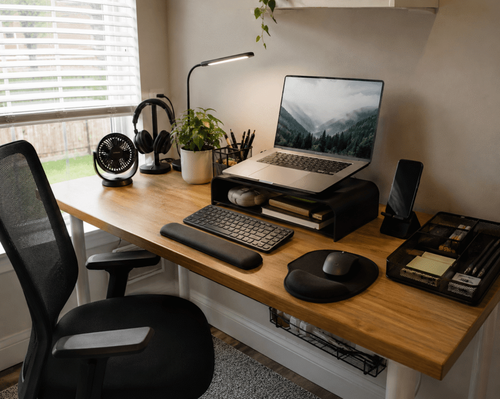 Small home office desk setup with laptop stand, desk lamp, wrist rest, phone stand, organizer tray, and cable management in natural daylight