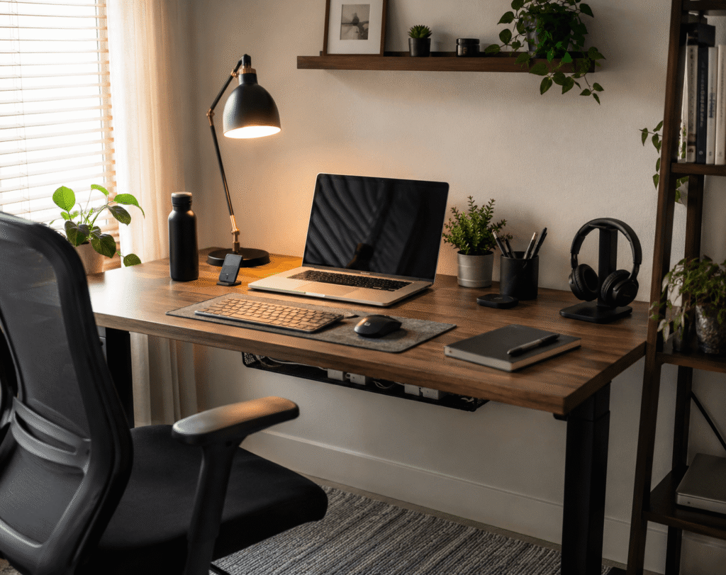 Clean home office desk setup with cable management tray, laptop, desk lamp, organized accessories, and natural daylight in a minimalist workspace.