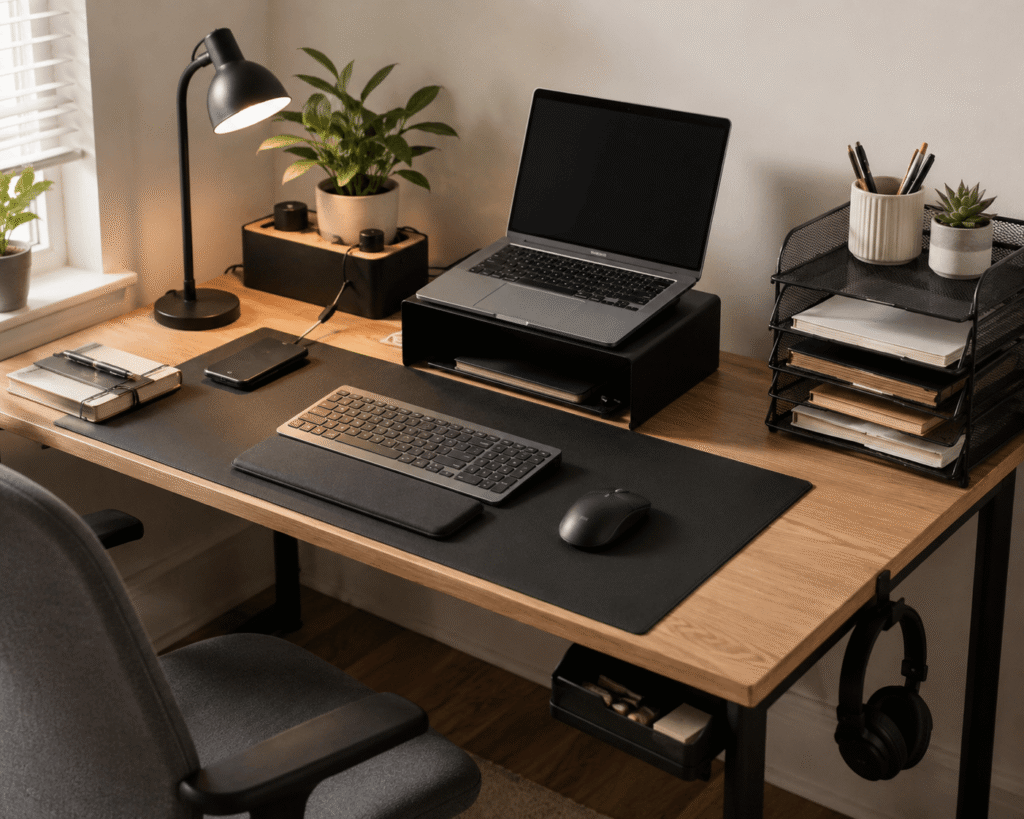 Small home office desk setup with a leather desk mat, monitor riser, laptop, desk lamp, paper organizer, and cable management accessories in natural daylight.