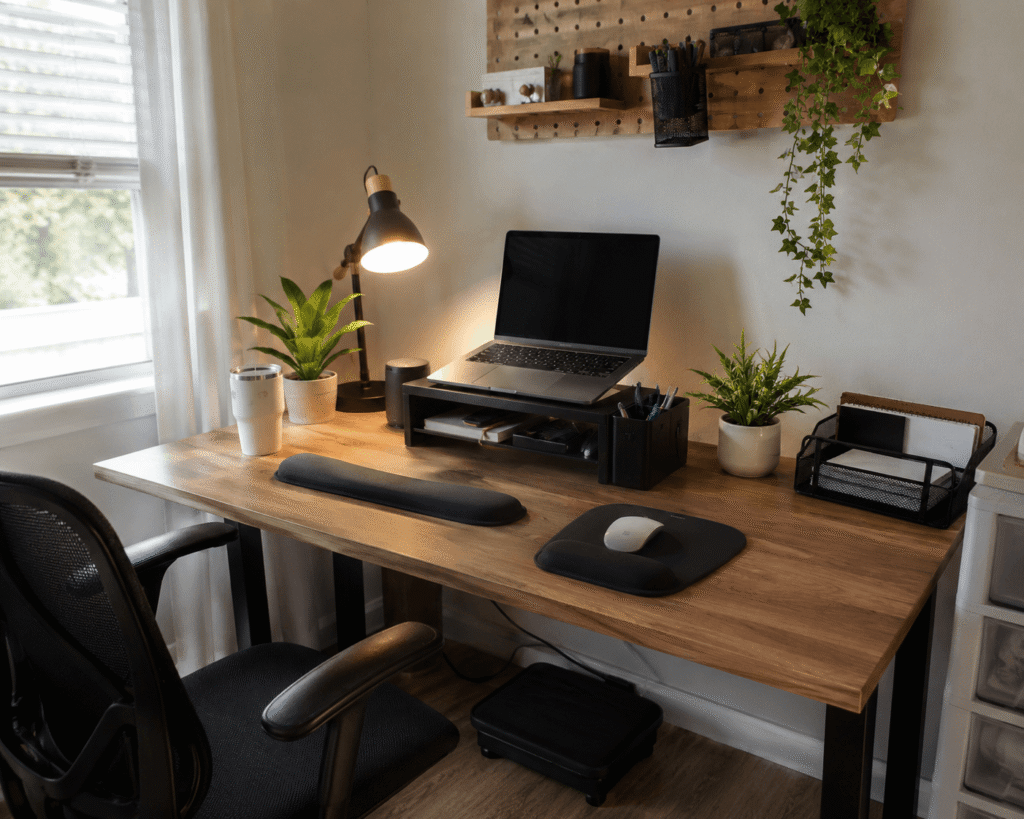 Comfortable budget-friendly home office desk setup with a laptop stand, wrist rests, desk lamp, footrest, and organized workspace in natural daylight.