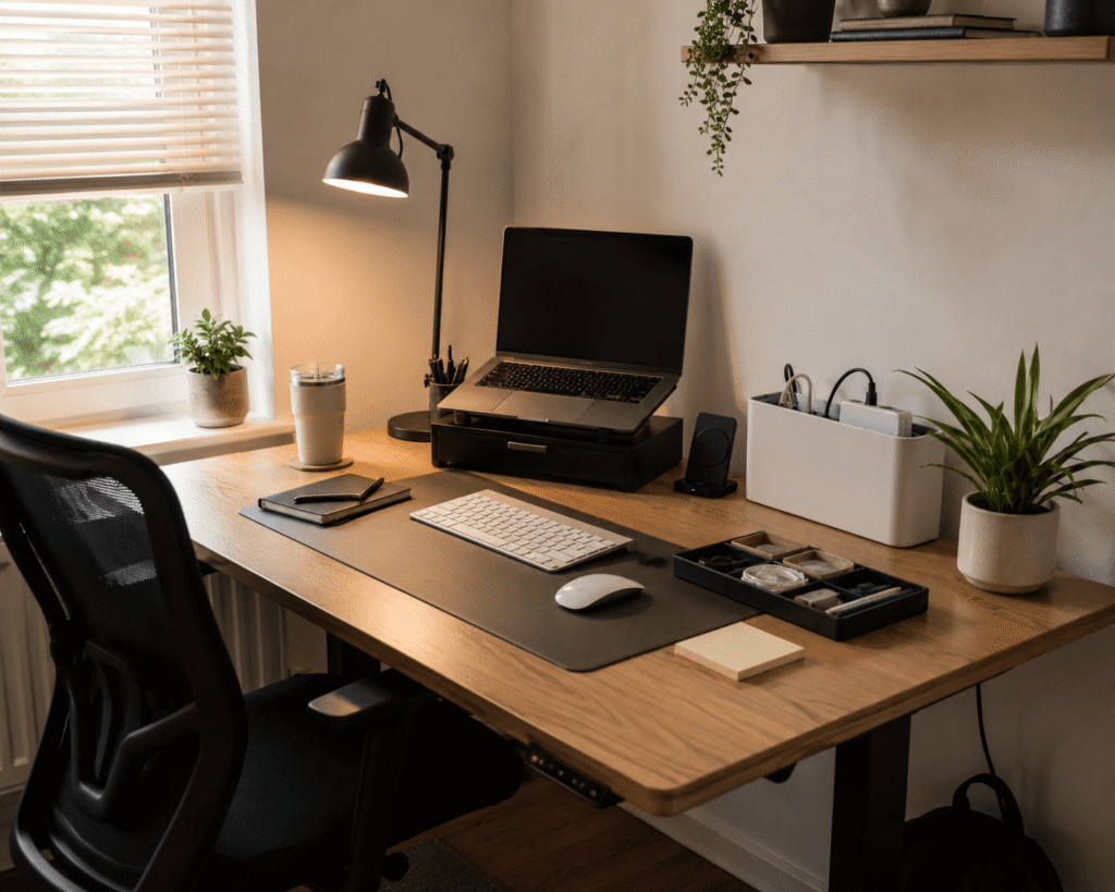 Clean and practical home office desk setup with laptop, desk lamp, organizer, cable management, and natural daylight in a small workspace.