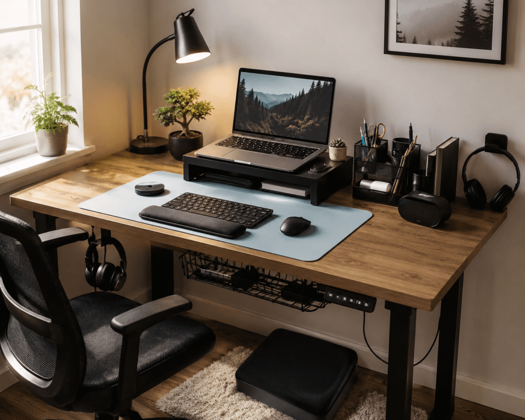 Small home office desk setup with a laptop stand, desk lamp, organizer, desk mat, foot rest, and natural daylight creating a comfortable and organized workspace.
