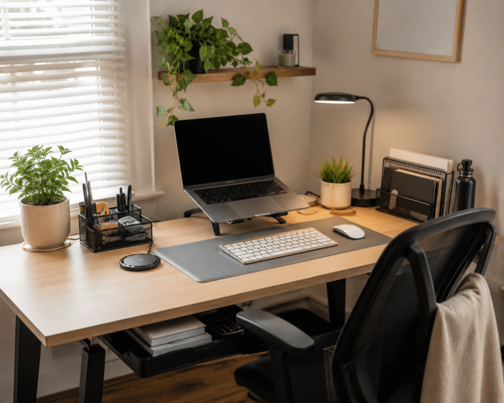 Clean and organized home office desk setup with a laptop stand, desk organizer, wireless charger, desk lamp, and storage accessories in natural daylight.