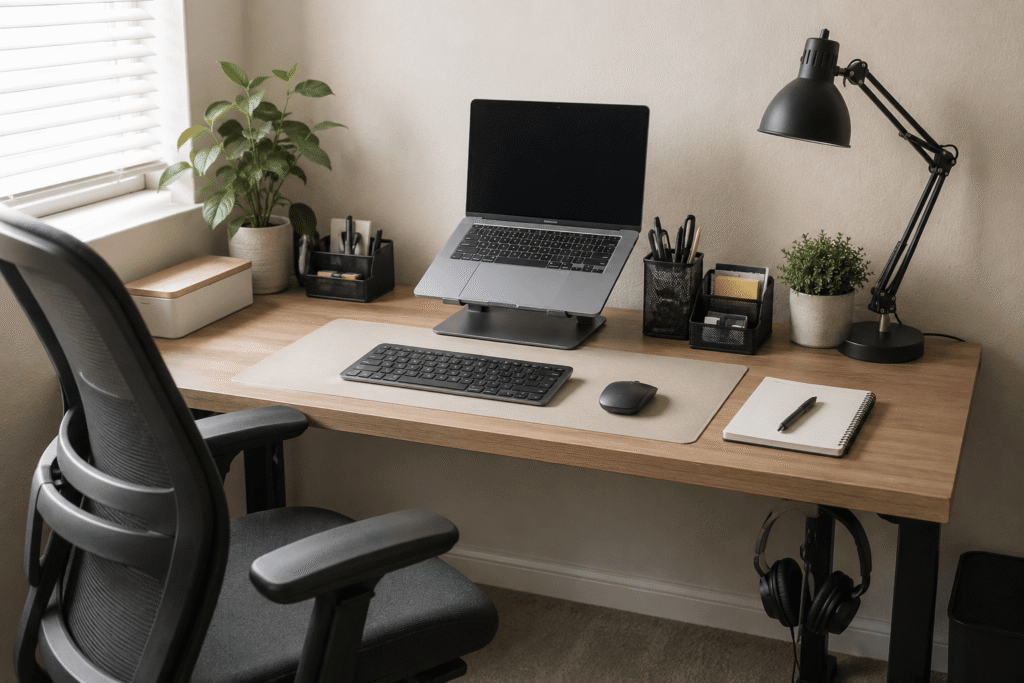 Clean home office desk setup with laptop stand, desk organizer, task lamp, cable management, and workspace accessories in natural daylight