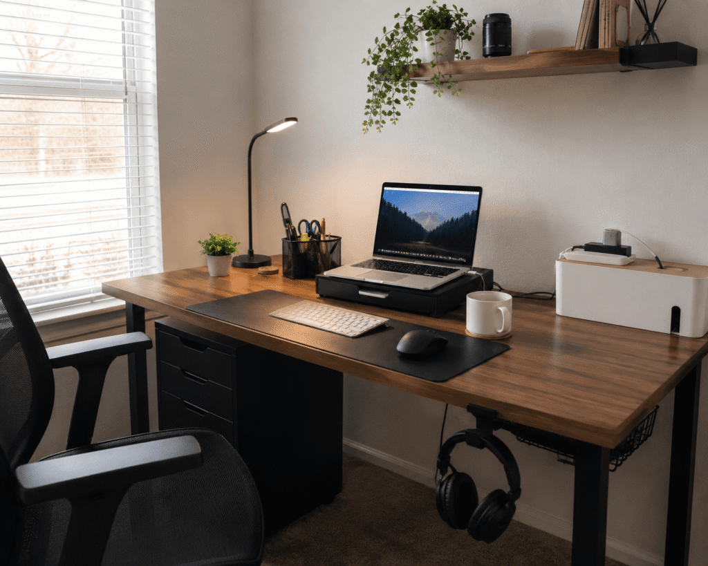Minimal desk setup for beginners featuring a laptop stand, desk lamp, cable management, desk organizer, and clean home office workspace with natural light.