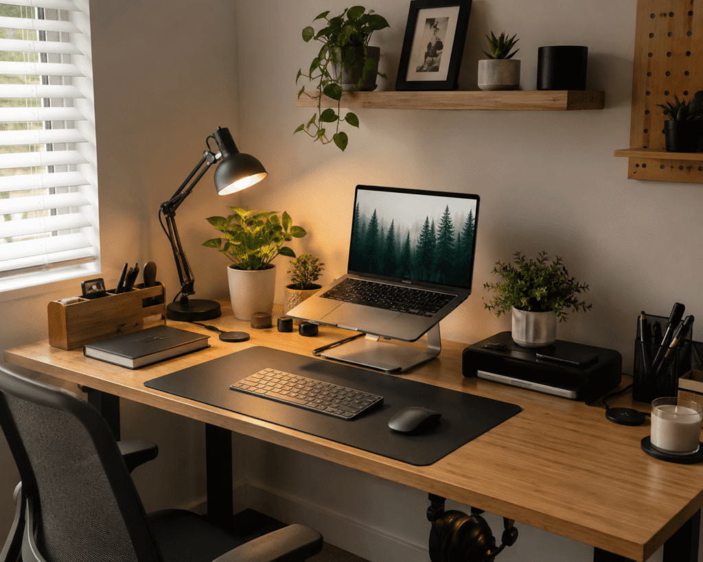 Minimalist home office desk setup with a laptop, desk lamp, cable management accessories, desk organizer, and clean workspace in natural daylight.