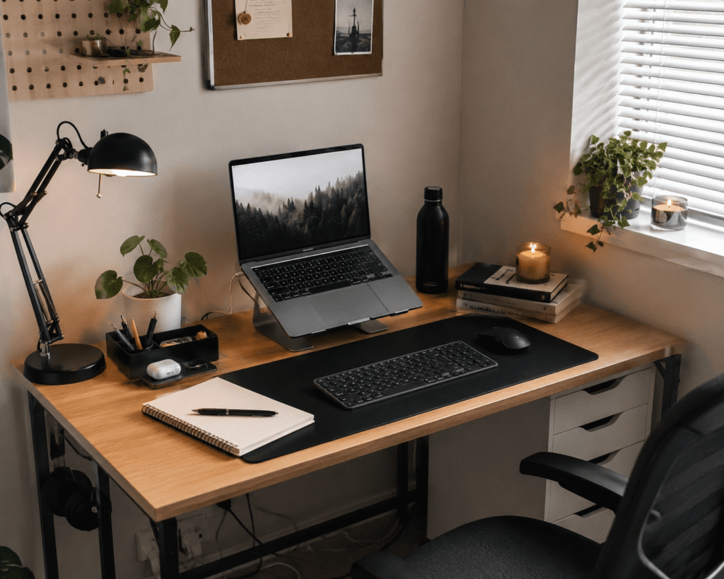 Simple and organized home office desk setup with a laptop, desk lamp, monitor stand, cable management, and productivity accessories in natural daylight.