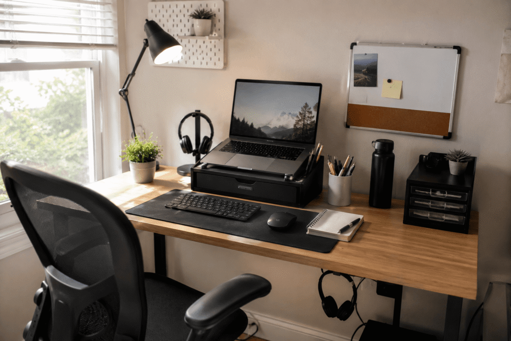 Small study desk setup with laptop stand, desk lamp, organizer drawers, headphones, and notebook in a clean home workspace with natural daylight.