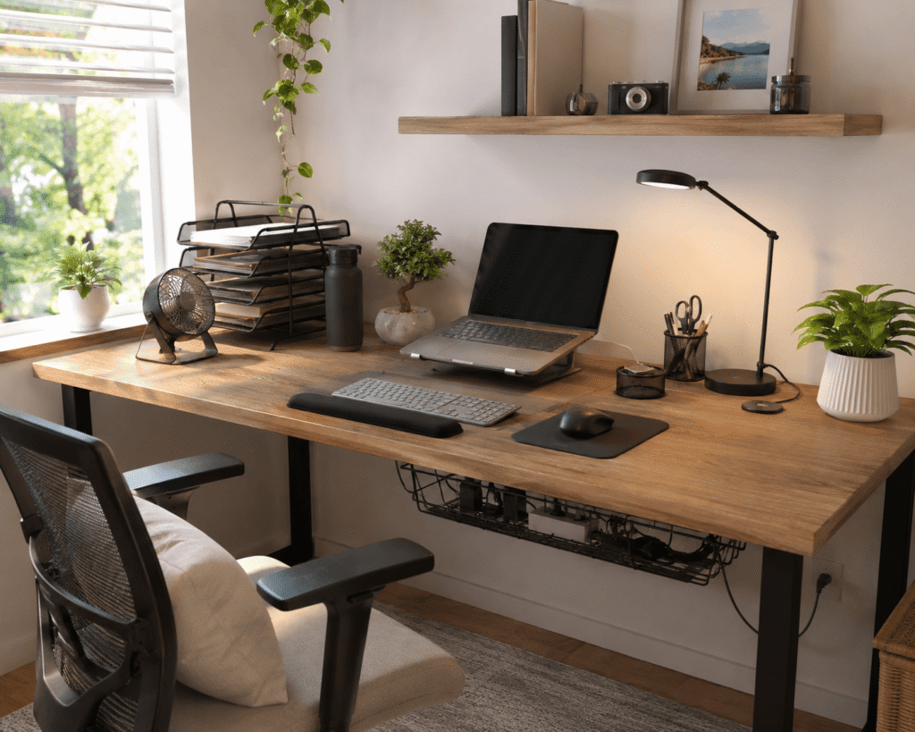 Clean summer desk setup with laptop stand, desk fan, cable management, organizers, and natural daylight in a modern home office.
