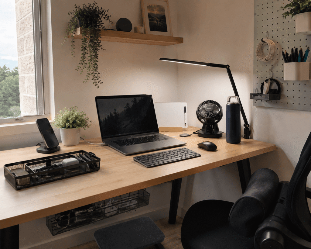 Small home office desk setup with laptop, desk lamp, portable fan, insulated water bottle, cable organizer, and natural daylight