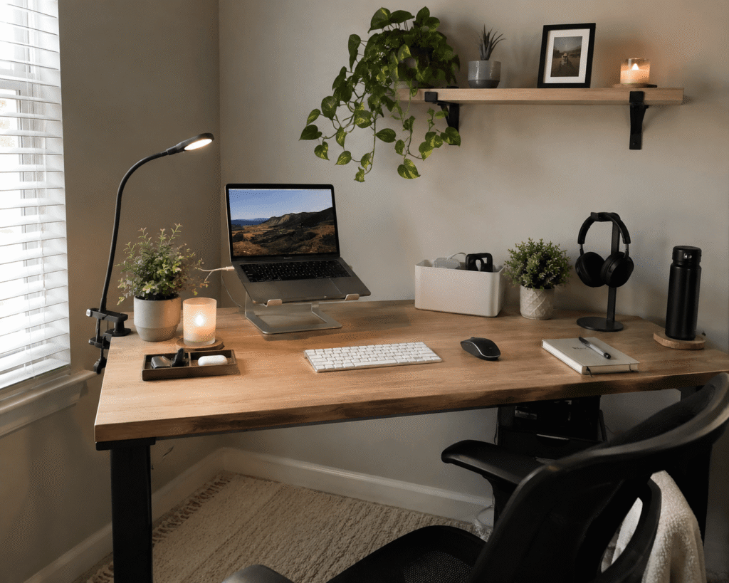 Clean and professional work from home desk setup with laptop stand, desk lamp, organized accessories, wireless keyboard, plants, and natural daylight in a modern home office.