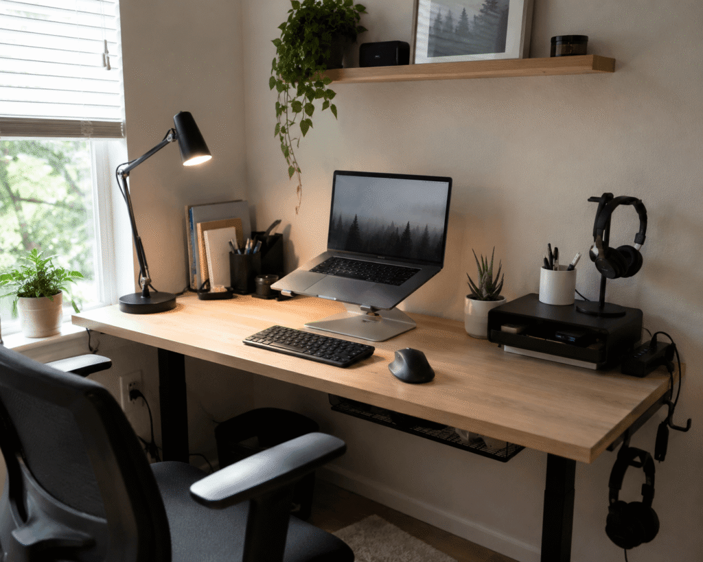 A clean and practical desk setup in a small studio apartment featuring a laptop on a stand, compact wireless keyboard, ergonomic mouse, clamp desk lamp, monitor stand, and organized workspace with soft natural daylight.