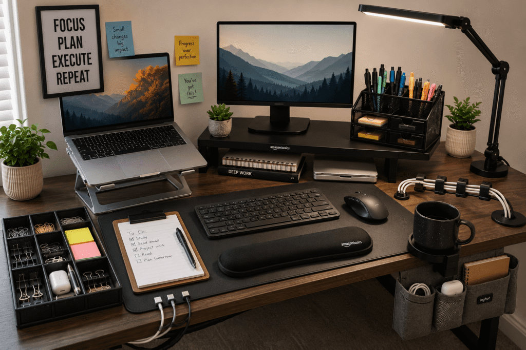 Clean home office desk setup with a laptop stand, monitor riser, drawer organizer, cable clips, desk pad, LED desk lamp, and other affordable workspace accessories for improved comfort and productivity.