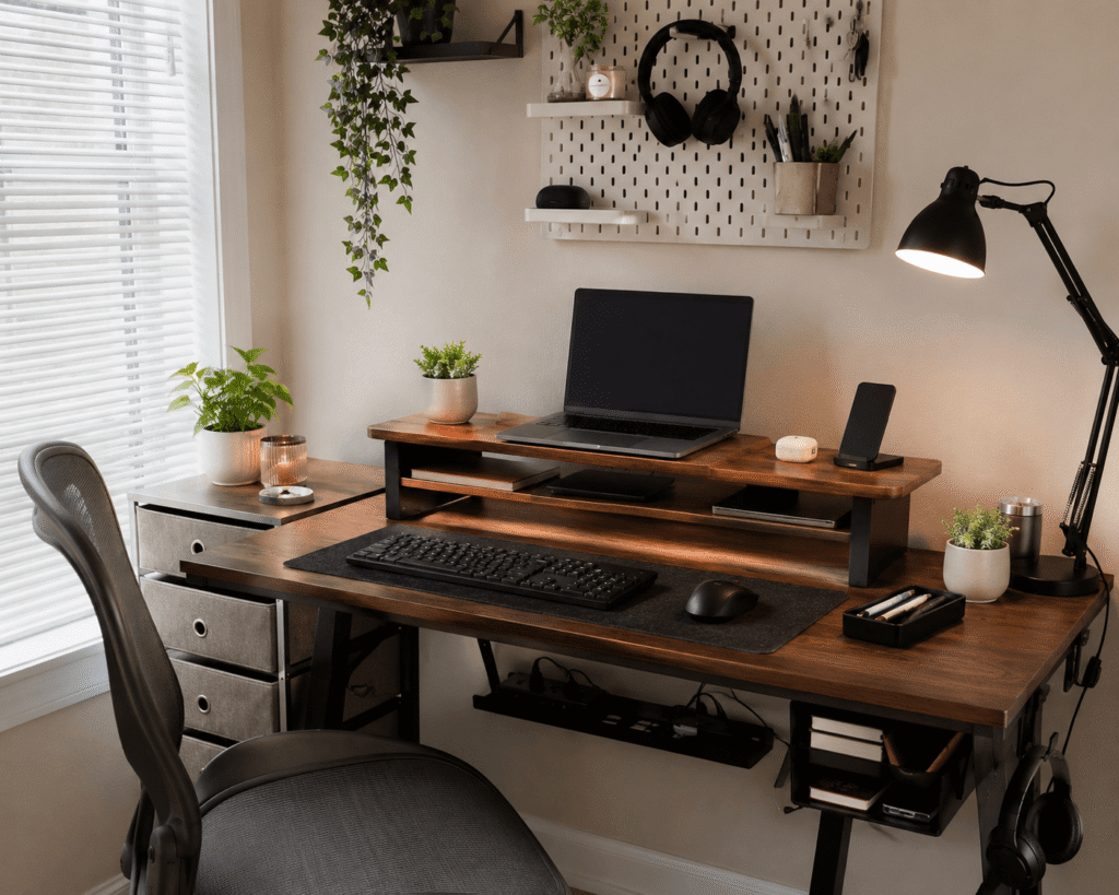 Small apartment desk setup with a laptop, monitor riser, desk lamp, pegboard organizer, cable management, and practical workspace accessories.