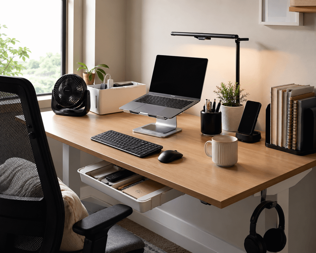 Small home office desk setup with a laptop stand, desk fan, monitor light bar, organizers, and everyday workspace accessories in natural daylight.