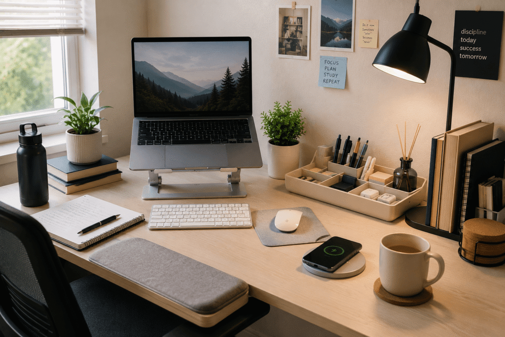 Comfortable college study desk setup with a laptop stand, wireless keyboard, desk lamp, wireless charger, desk organizer, plants, and ergonomic accessories in a bright home workspace with natural daylight.