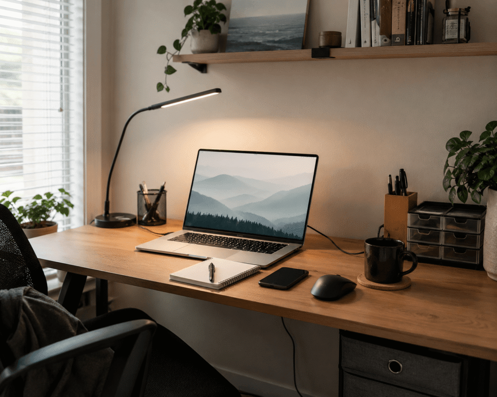 Compact home office desk setup with a laptop, LED desk lamp, notebook, organizers, and soft natural daylight on a modern wooden desk.