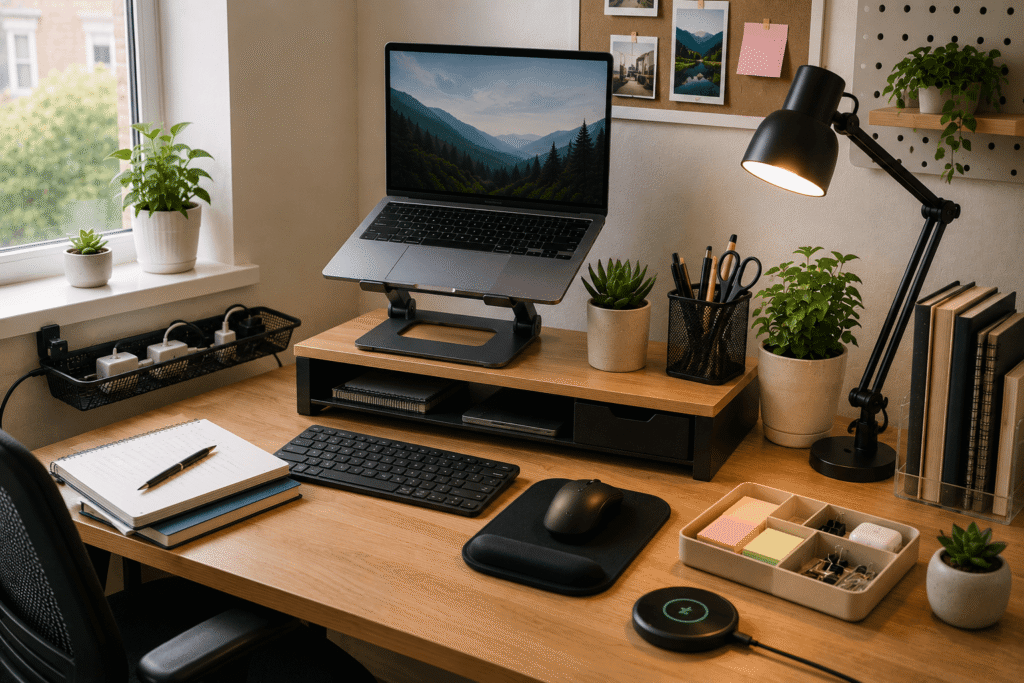 Organized college student desk setup with a laptop stand, monitor riser, clip-on desk lamp, wireless keyboard, cable management, desk organizers, and ergonomic accessories in a bright home study workspace with natural daylight.