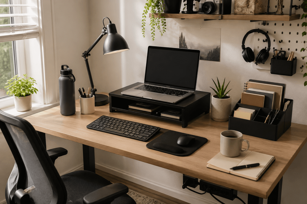Small, organized student desk setup with a laptop, monitor stand, desk lamp, notebook, and practical workspace accessories in a modern home office with natural daylight.