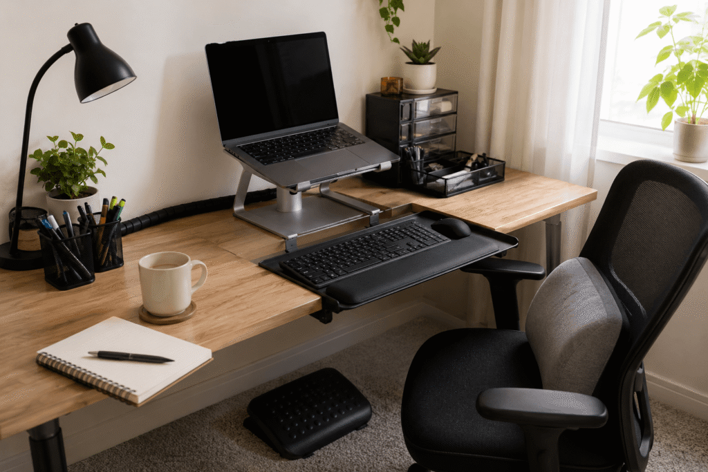 Clean and practical home office desk setup with a laptop stand, keyboard tray, desk lamp, organizers, ergonomic chair, and natural daylight on a small wooden desk.