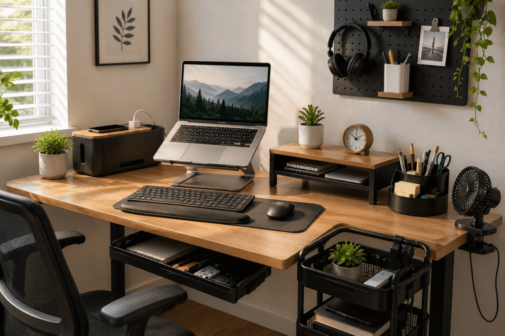 Modern small home office desk with a laptop stand, monitor riser, under-desk drawer, cable management box, pegboard organizer, rolling storage cart, and ergonomic accessories in a clean workspace with natural daylight.