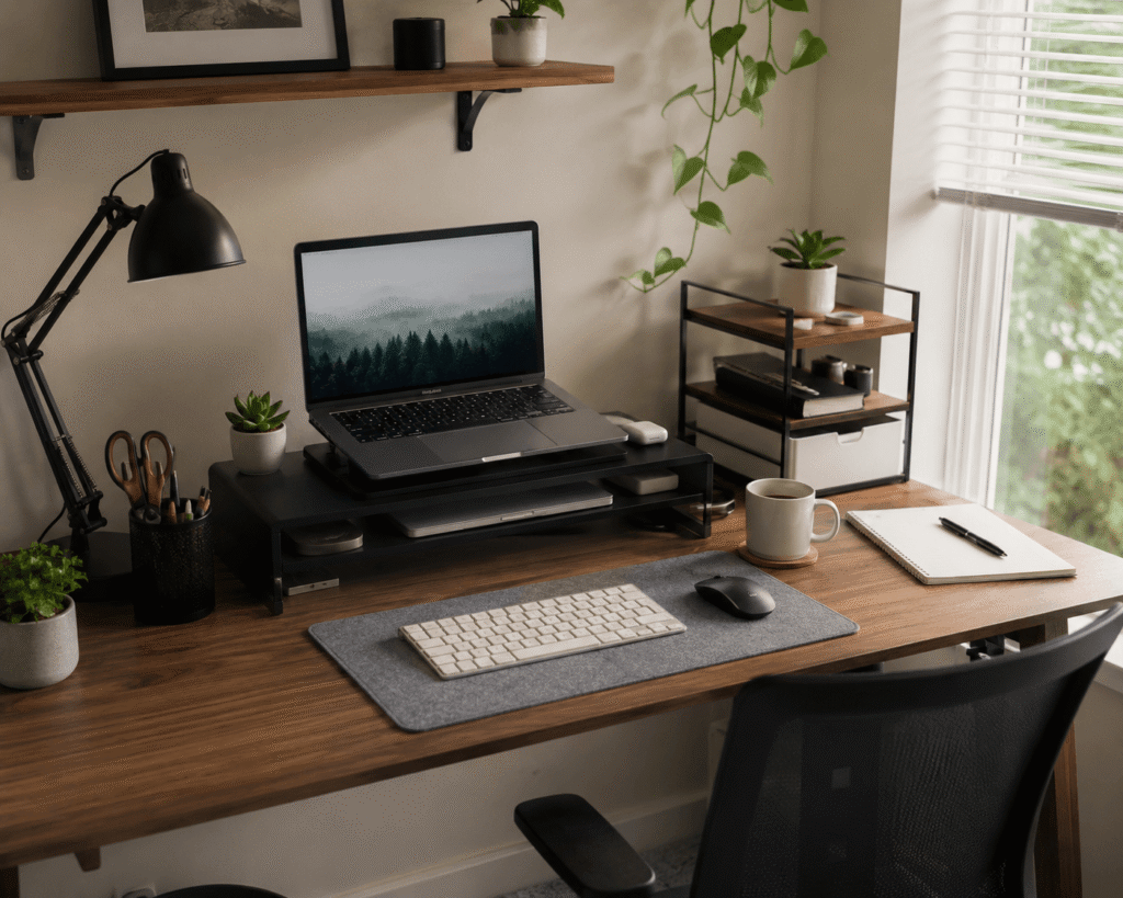 Small home office desk with a monitor shelf, organized workspace, laptop, desk lamp, and accessories in natural daylight.