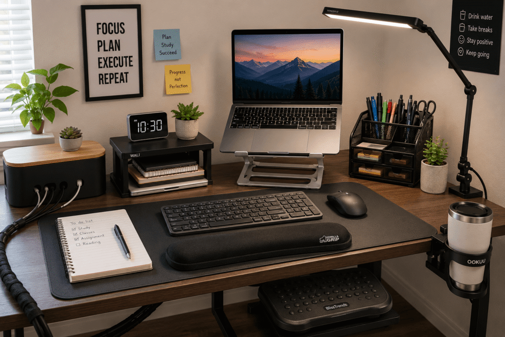 Modern home office desk setup featuring an adjustable laptop stand, monitor riser, desk organizer, cable management, ergonomic wrist rest, LED desk lamp, desk pad, and other affordable productivity accessories.