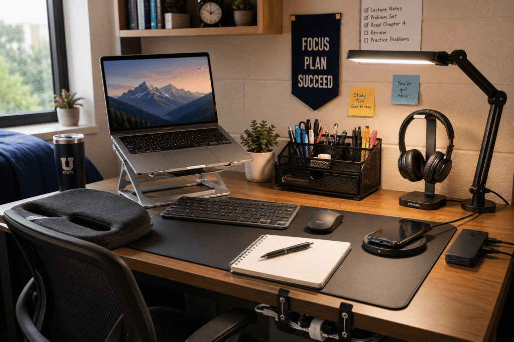 Modern dorm room desk setup with a laptop stand, wireless keyboard and mouse, clamp LED desk lamp, desk organizer, monitor light bar, wireless charger, and other space-saving study accessories.