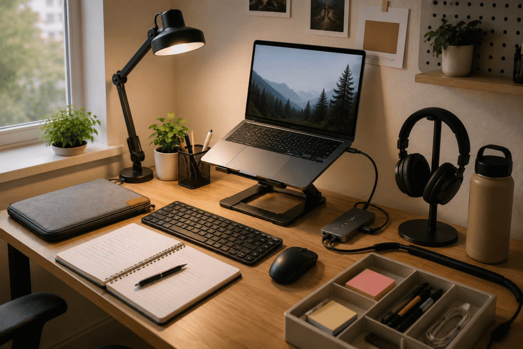 Organized student laptop desk setup with a laptop stand, wireless keyboard, desk lamp, USB-C hub, notebook, and workspace accessories in a modern home office with natural daylight.