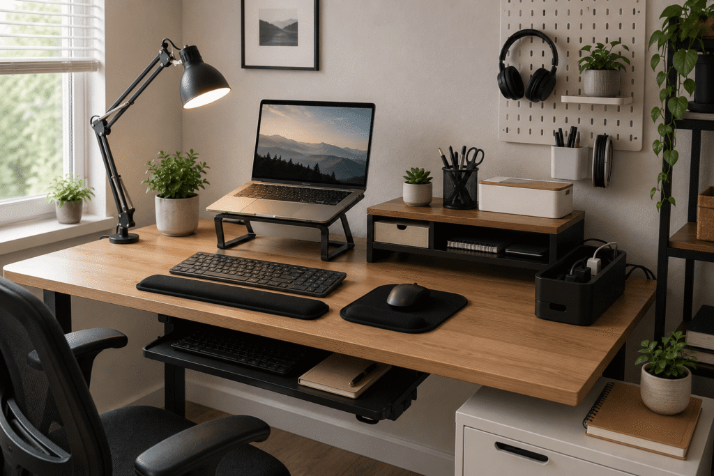 Compact home office desk with a laptop stand, monitor riser, under-desk keyboard tray, LED clamp lamp, cable organizers, ergonomic wrist rests, and small plants in a clean, modern workspace with natural daylight.