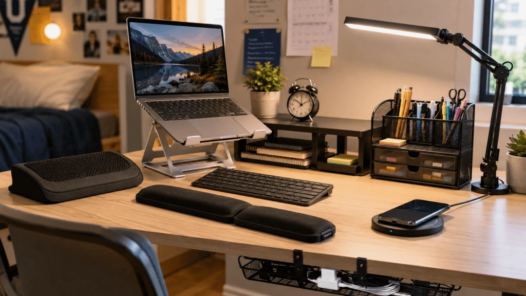 Small dorm desk setup with ergonomic laptop stand, monitor riser, LED desk lamp, desk organizer, wireless charger, and other space-saving study accessories.