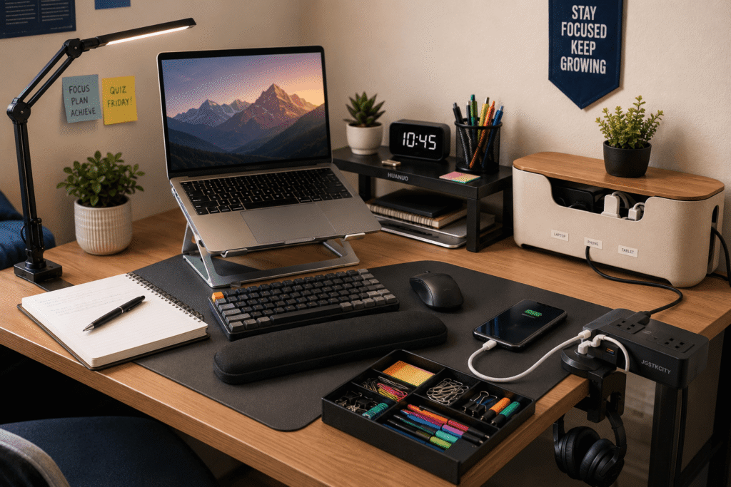 Organized student desk setup with a laptop stand, monitor riser, LED desk lamp, cable management box, wireless keyboard, wrist rest, and other ergonomic study accessories.