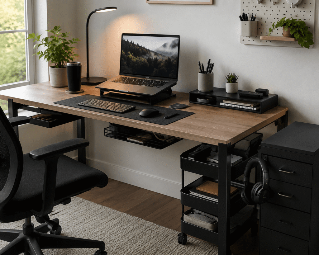 Small home office desk with under desk storage drawer, cable management, rolling cart, and organized workspace in natural daylight