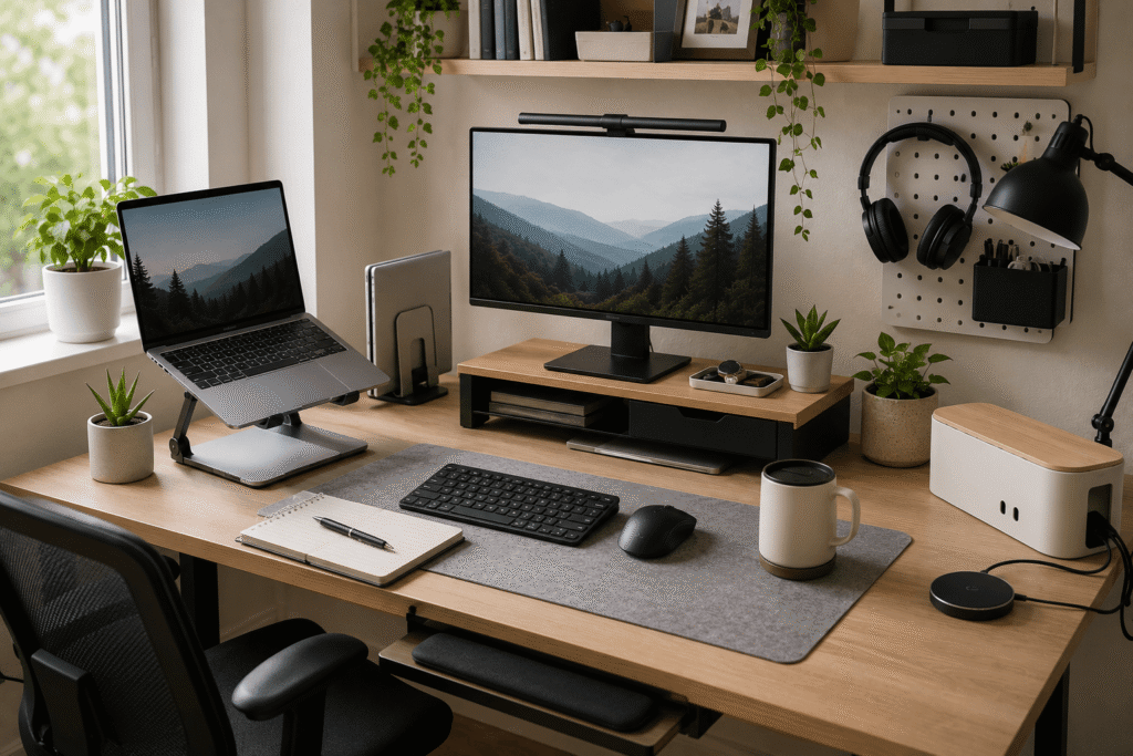 Modern small desk setup with a laptop stand, external monitor, monitor light bar, desk shelf, wireless keyboard, cable management, and practical workspace accessories in a bright home office with natural daylight.