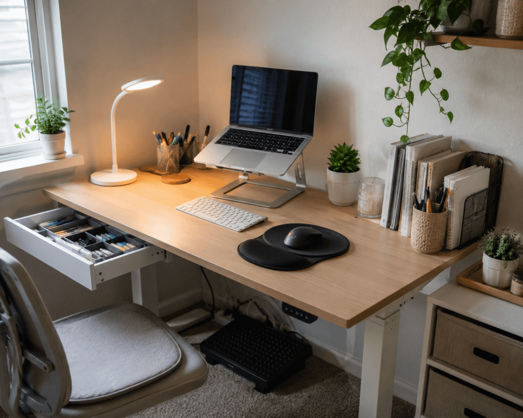 Modern small study desk setup with a laptop stand, ergonomic mouse pad, LED desk lamp, cable management, and organized school supplies in a bright home workspace.