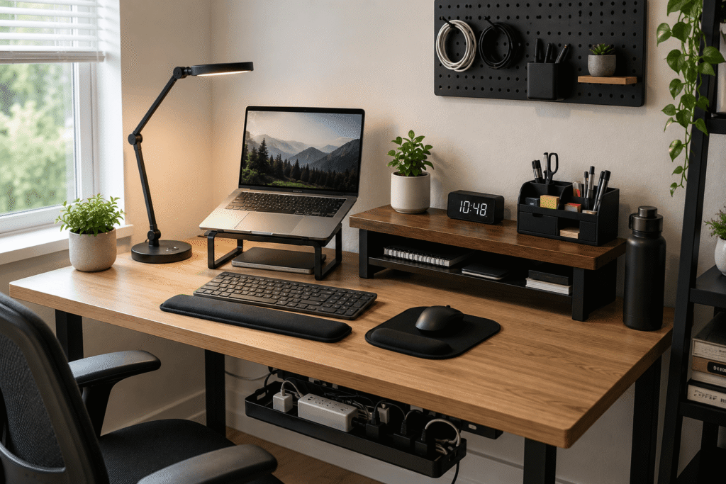 Modern home office desk with a laptop stand, monitor riser, LED desk lamp, cable management tray, desk organizer, ergonomic wrist rest, and a clean, functional workspace in natural daylight.