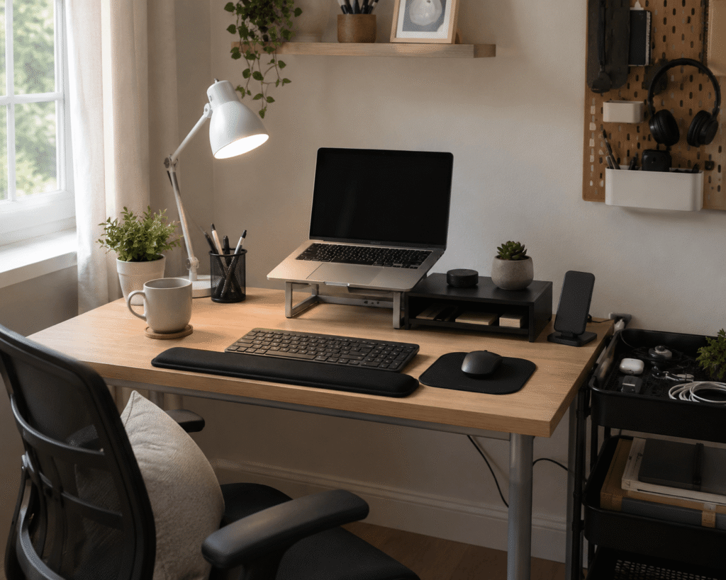 Modern small home office desk setup with a laptop stand, monitor riser, ergonomic keyboard, desk lamp, pegboard organizer, rolling storage cart, and natural daylight in a clean, practical workspace.