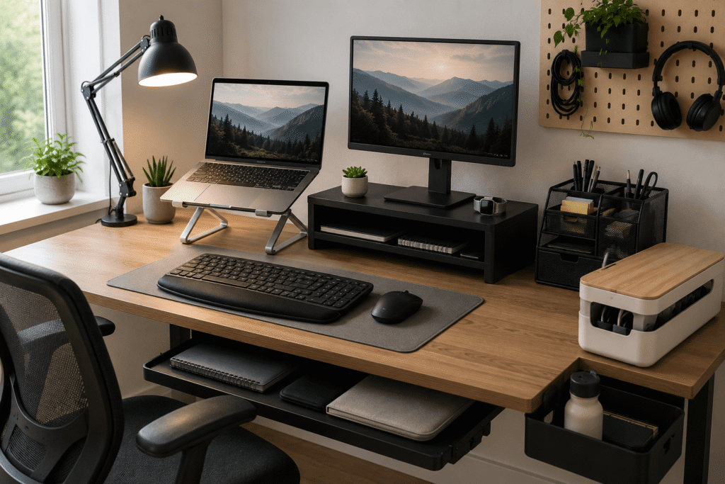 Modern small home office desk featuring a laptop stand, monitor riser, ergonomic keyboard and mouse, desk organizer, cable management box, LED desk lamp, and pegboard storage in a bright, organized workspace with natural daylight.