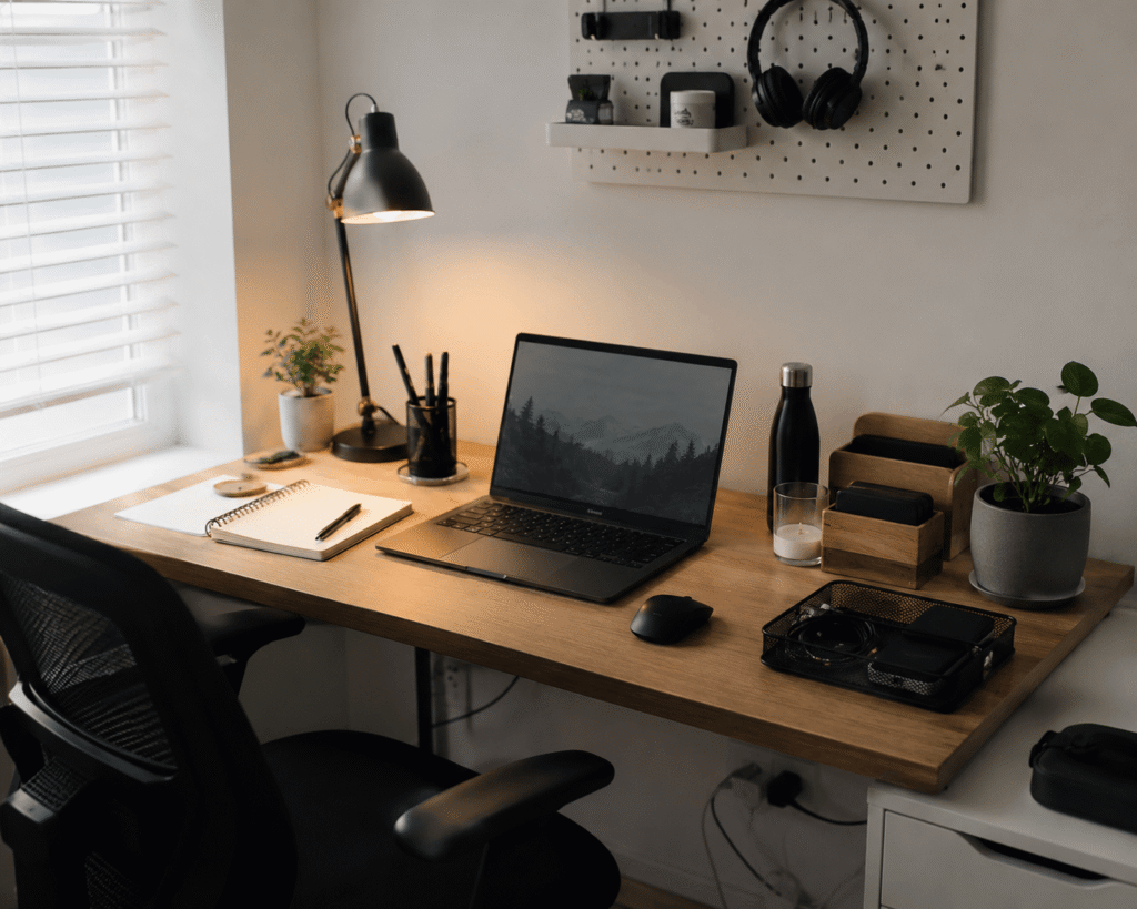 Small home office desk setup with a laptop, desk lamp, organizers, and plants in soft natural daylight, creating a clean and functional workspace.