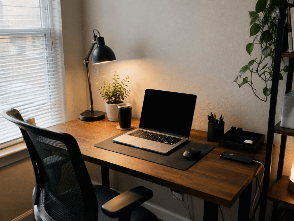 Small modern home office desk setup with a wooden desk, laptop, black desk lamp, ergonomic chair, desk organizer, and soft natural daylight creating a clean, functional workspace.