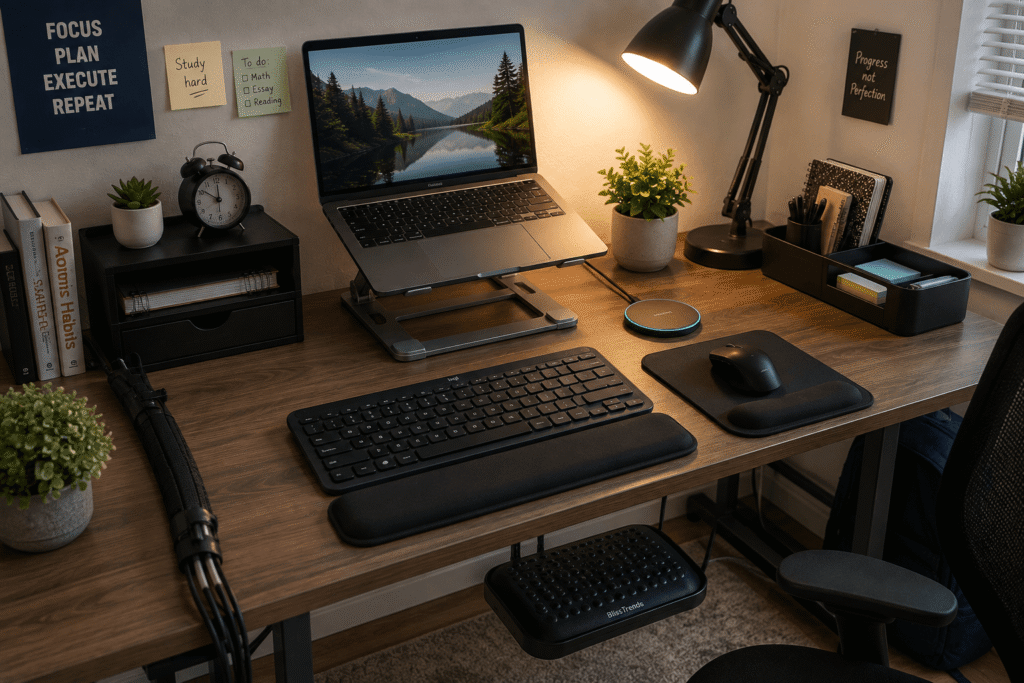 Small desk setup with laptop stand, ergonomic accessories, desk organizer, lamp and wireless charging pad