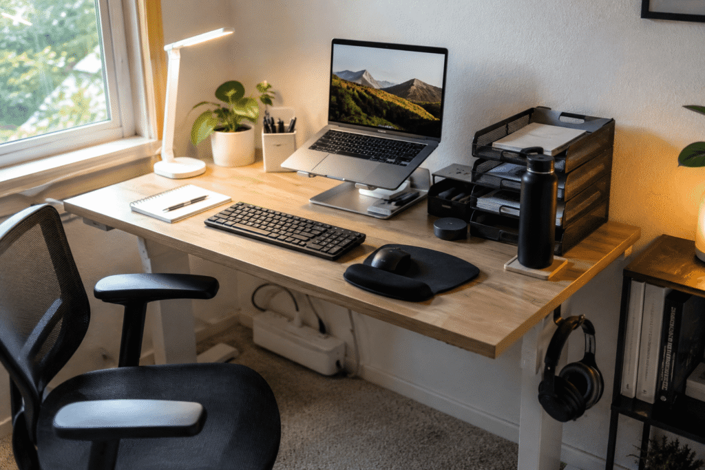 Affordable study desk setup with laptop stand, desk lamp, paper organizer, keyboard, mouse, and space-saving accessories
