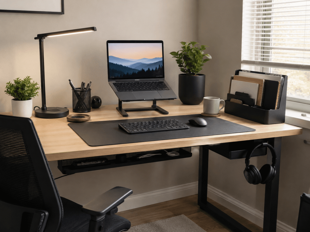 Small home office setup with laptop stand, desk lamp, desk mat, cable management, organizers, and productivity accessories