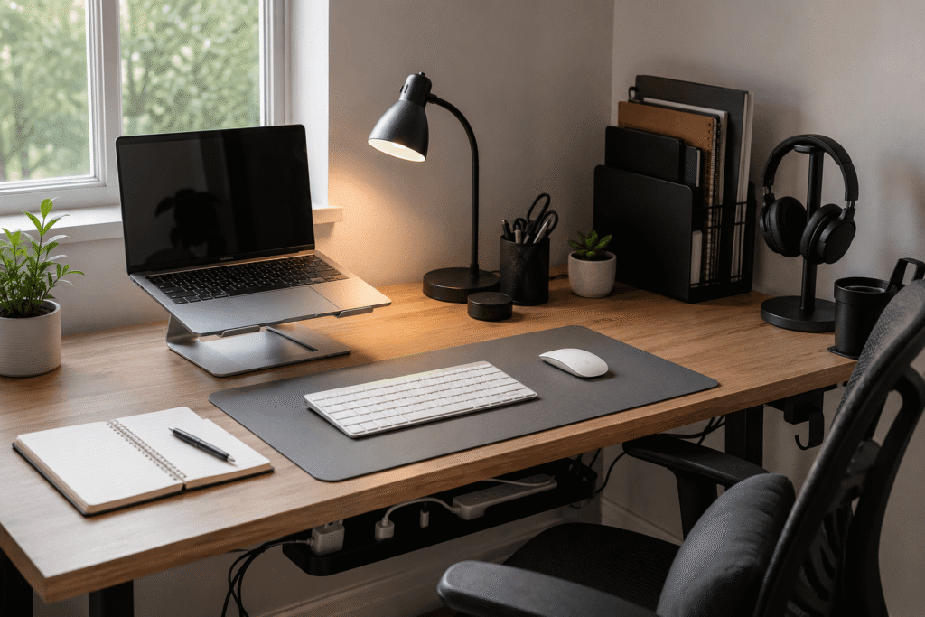 Small home office desk setup with affordable accessories, laptop stand, desk lamp, organizer, desk mat, and cable management.