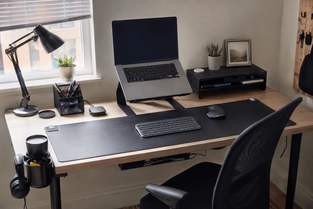 Affordable home office desk setup with laptop stand, desk mat, lamp, organizer, cable management, and practical desk accessories.