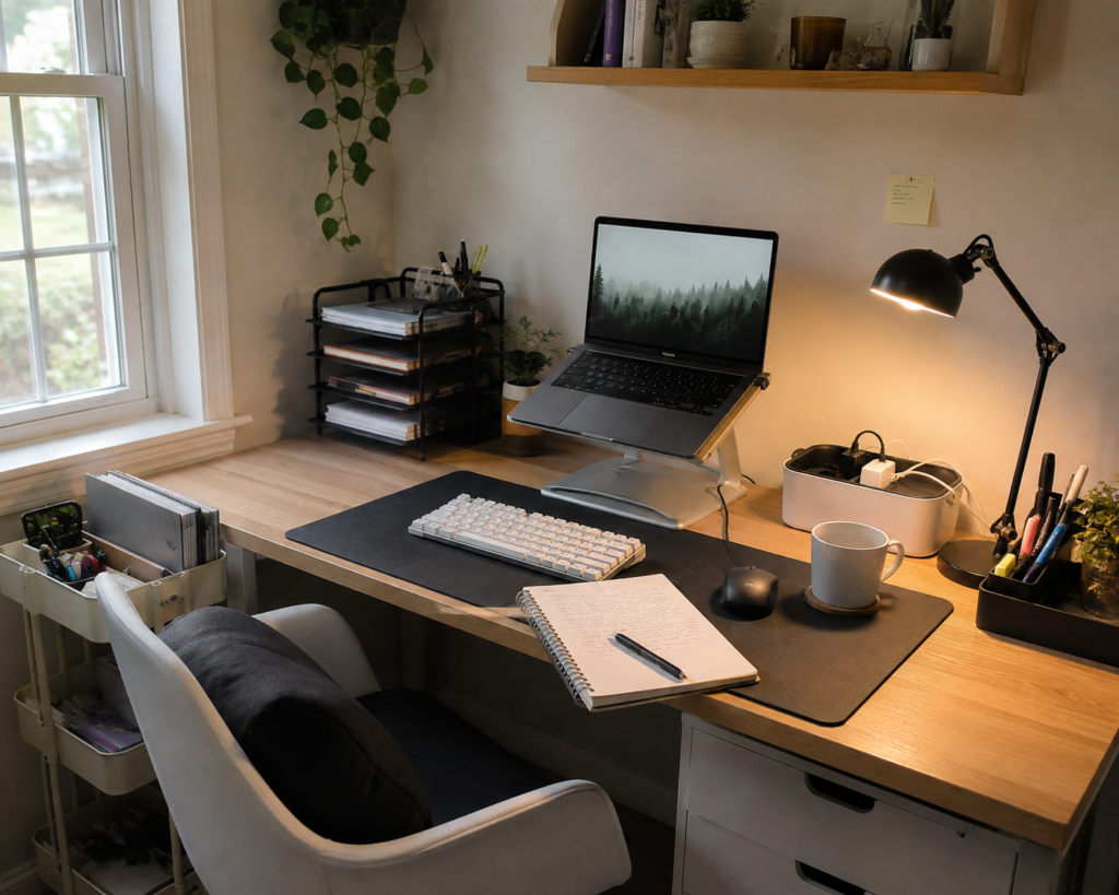 Small study desk setup with laptop stand, desk lamp, organizer and study accessories for exam season